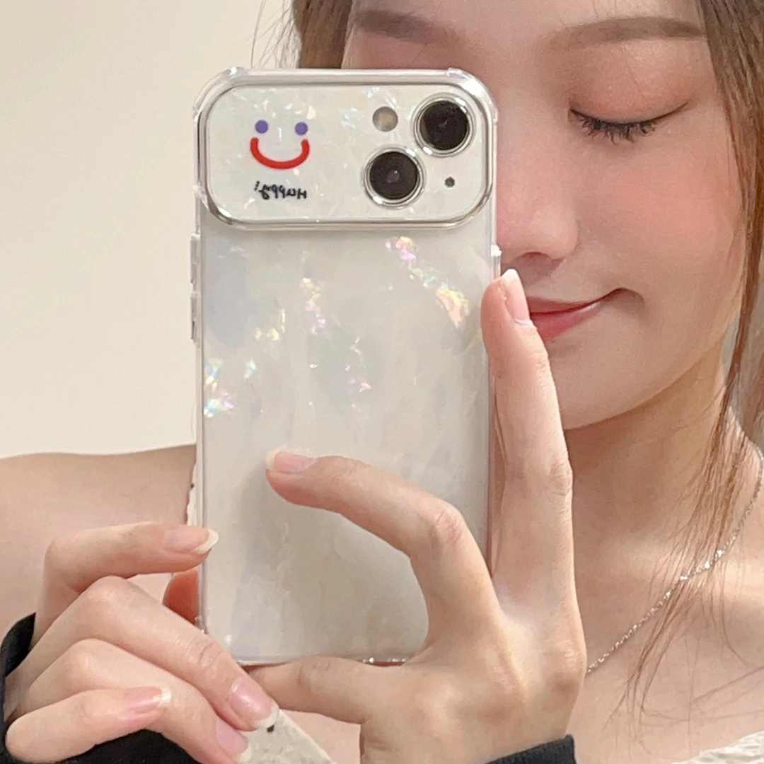 适用苹果系列iPhone15新款手机壳大视窗笑脸炫彩贝壳纹ins防摔14