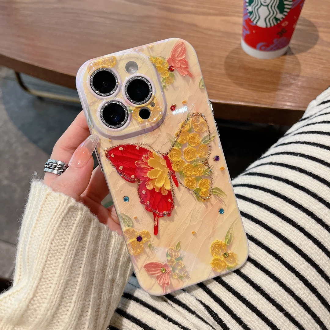 适用苹果系列iPhone15新款手机壳玫瑰梦蝶防摔包镜头膜14/13/12