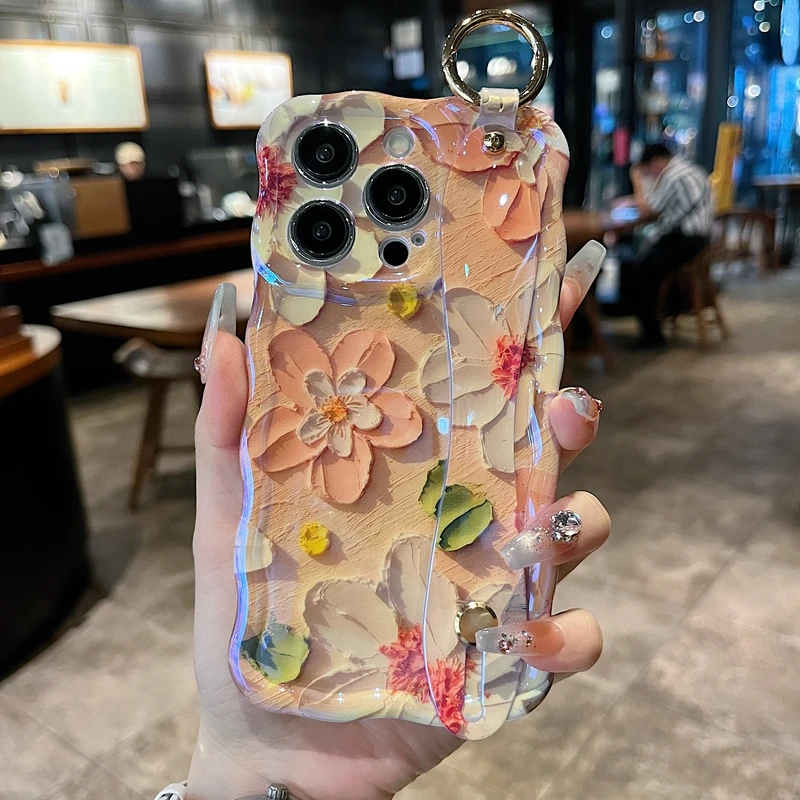 适用苹果系列iPhone15新款手机壳蓝光扭扭腕带支架春日日记创意