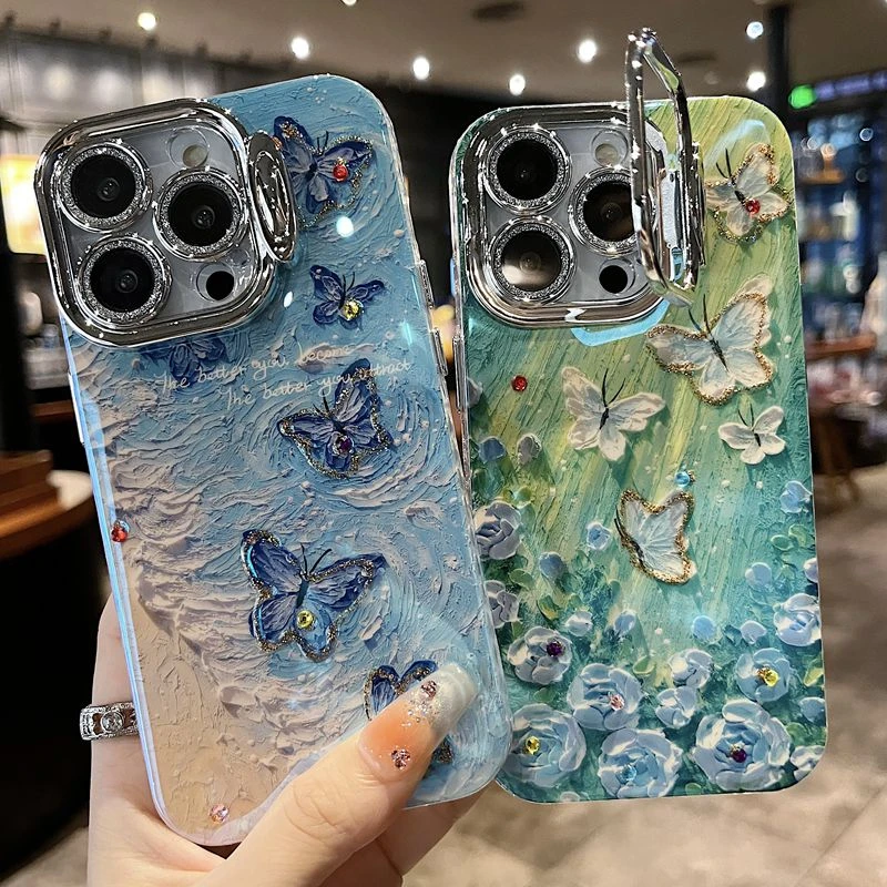 适用苹果系列iPhone15新款手机壳优雅ins风支架海滩蝴蝶全包防摔