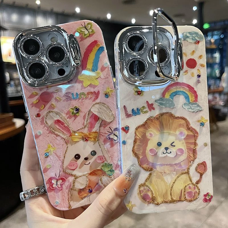 适用苹果系列iPhone15新款手机壳可爱卡通支架彩虹狮子全包防摔