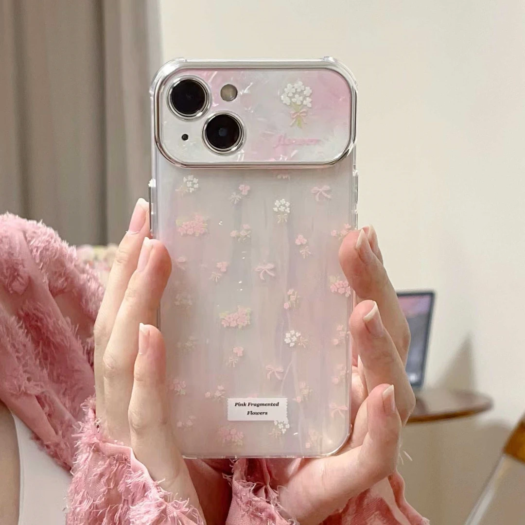 适用苹果系列iPhone15新款手机壳大视窗贝壳纹满屏粉花简约潮流14