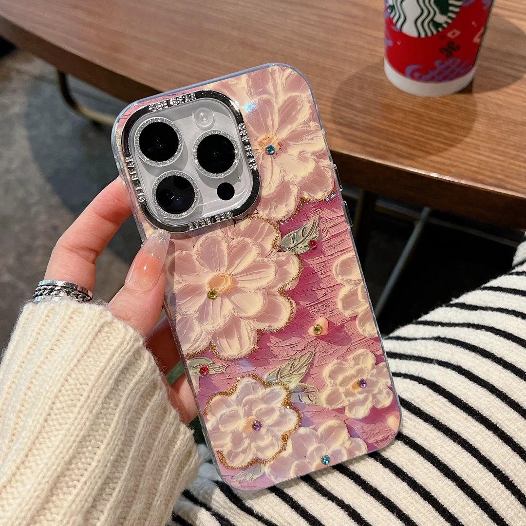 适用苹果系列iPhone15新款手机壳气质油画花防摔包镜头膜14/13/12