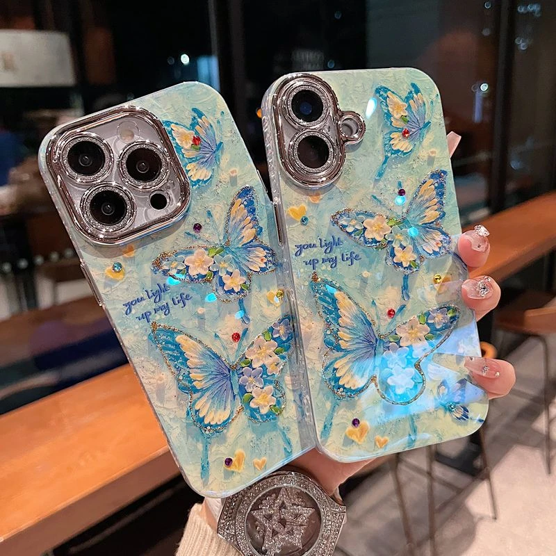 适用苹果系列iPhone16新款手机壳复古高级黄爱心白玫蓝蝴蝶全包