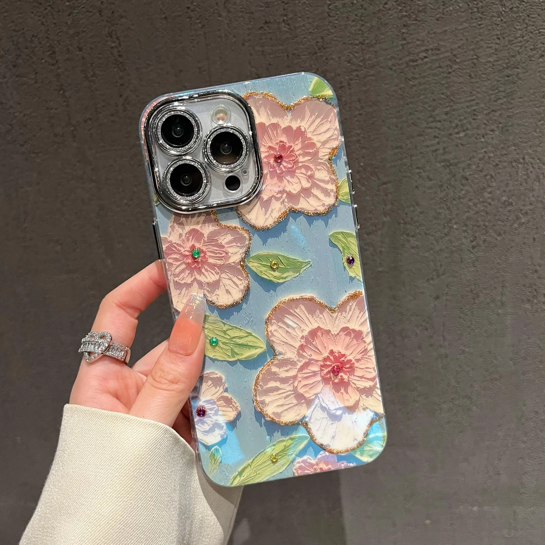 适用苹果系列iPhone14新款手机壳浅粉色油画花朵小清新ins风简约