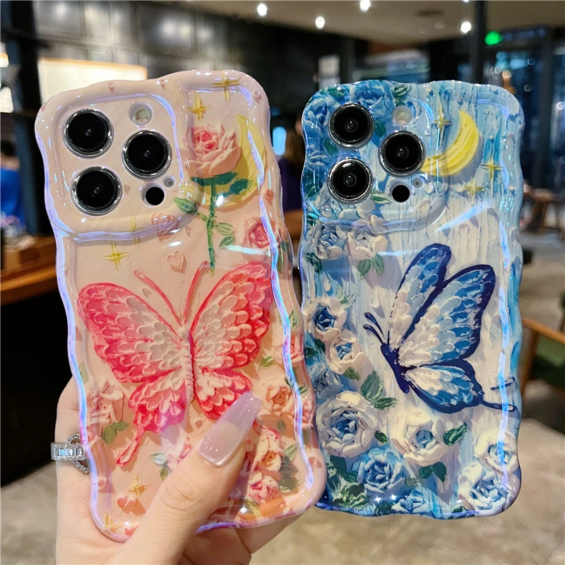 适用苹果系列iPhone15新款手机壳女款蓝光扭扭边创意复古ins蝴蝶