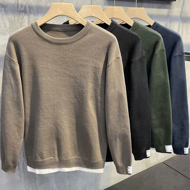 棣棣潮男假两件毛衣男秋季新款百搭韩版潮流套头外套上衣服休闲
