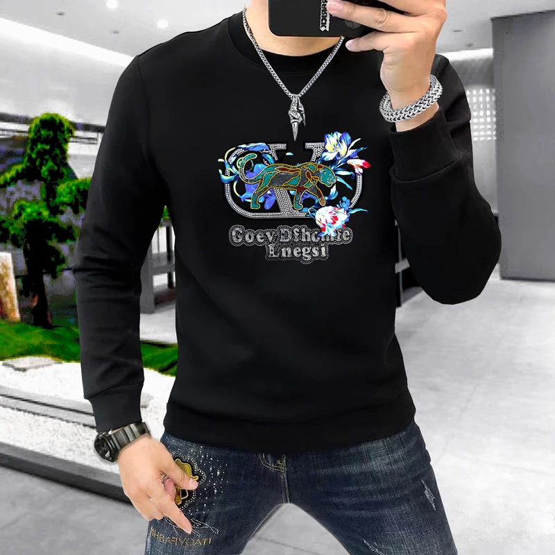 高品质烫钻压花新款男士长袖打底衫欧潮秋冬重磅外套舒适合身圆领