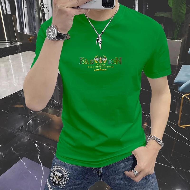 夏季新款男士短袖字母男装半袖圆领衫印花透气丝光棉薄款时尚上衣