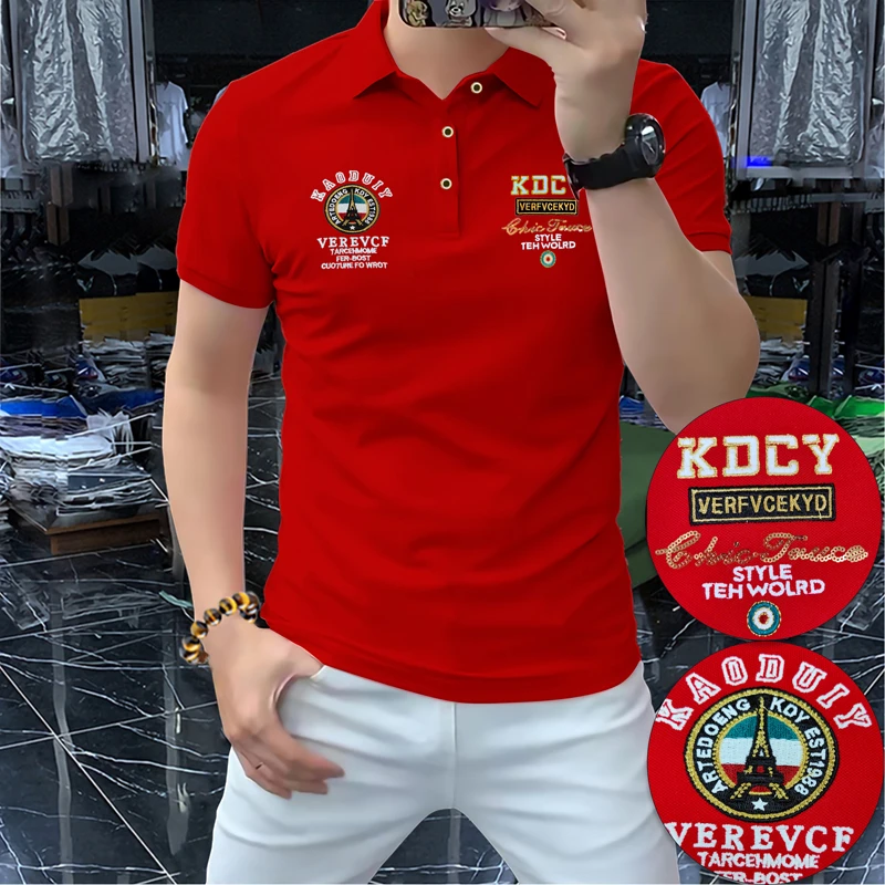 夏季网红款男士短袖t恤红色polo时尚百搭潮流印花翻领商务帅气