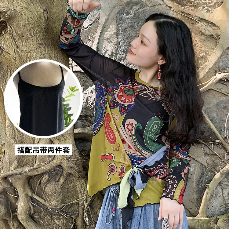读你原创设计民族风秋季薄款沙滩低领长袖t恤轻薄上衣两件套/3095