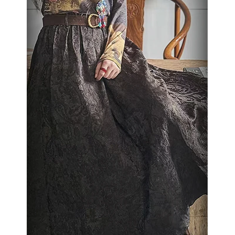 读你2025复古民族风重工提花日常半身裙/6371黑色长款服装秋冬