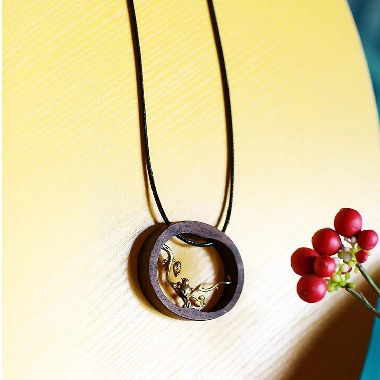 非金属项链 读你黑皮绳长款复古木圈项链吊坠女款配饰饰品女8308