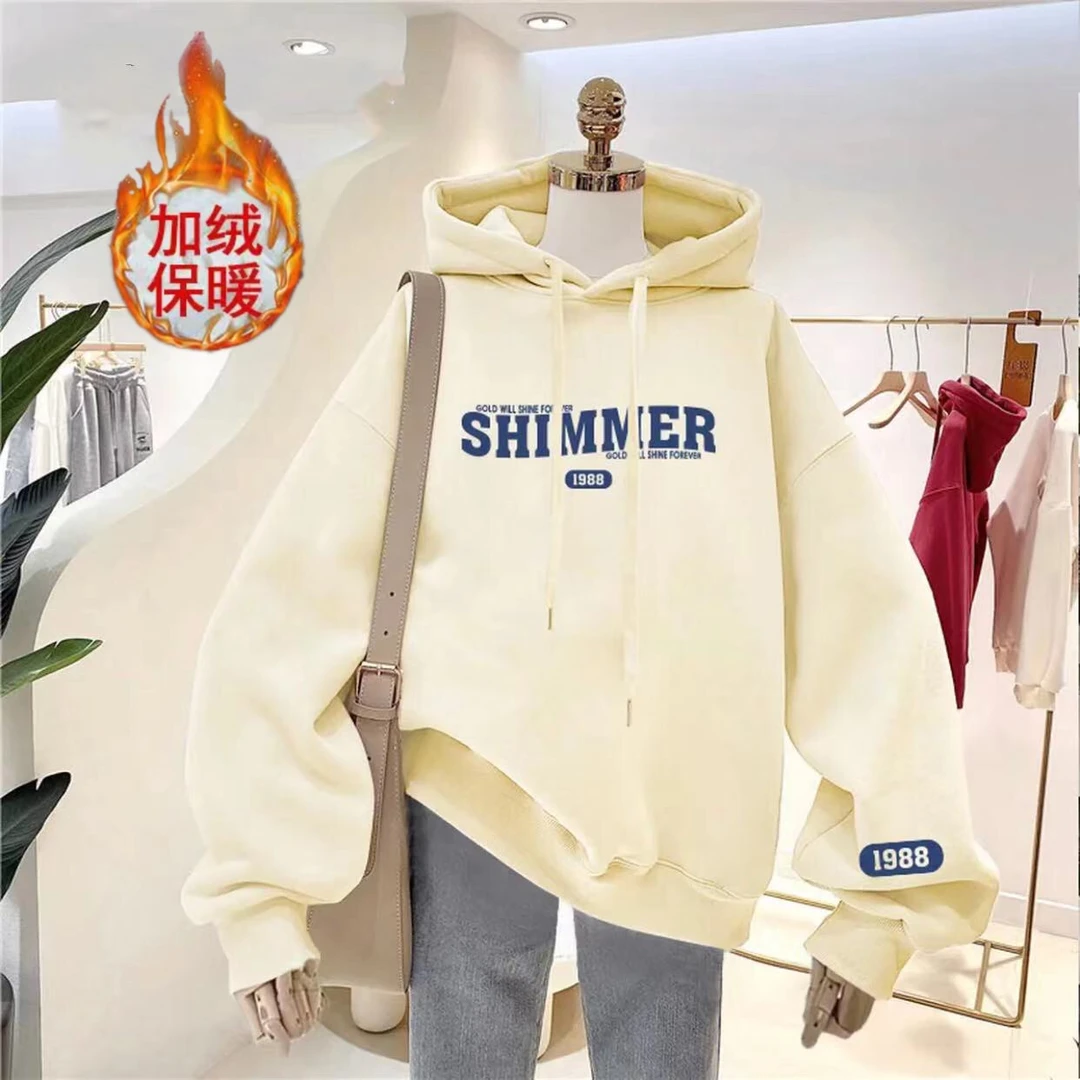 加绒秋冬宽松休闲韩版连帽趣味印花圆领卫衣女男情侣款上衣W-22