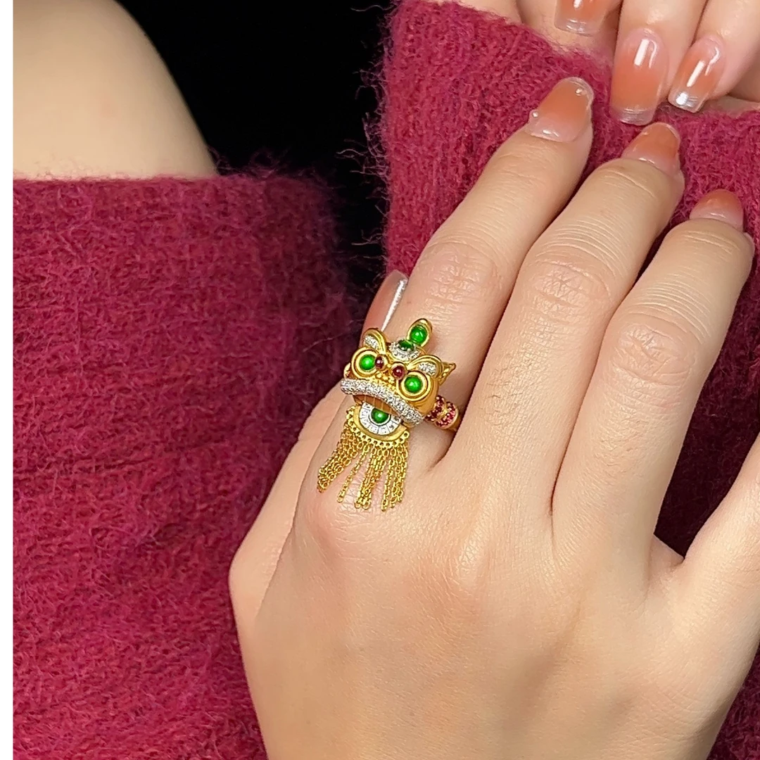 点石甄选）醒狮翡翠吊坠戒指ad款俩用国风国潮节日送礼