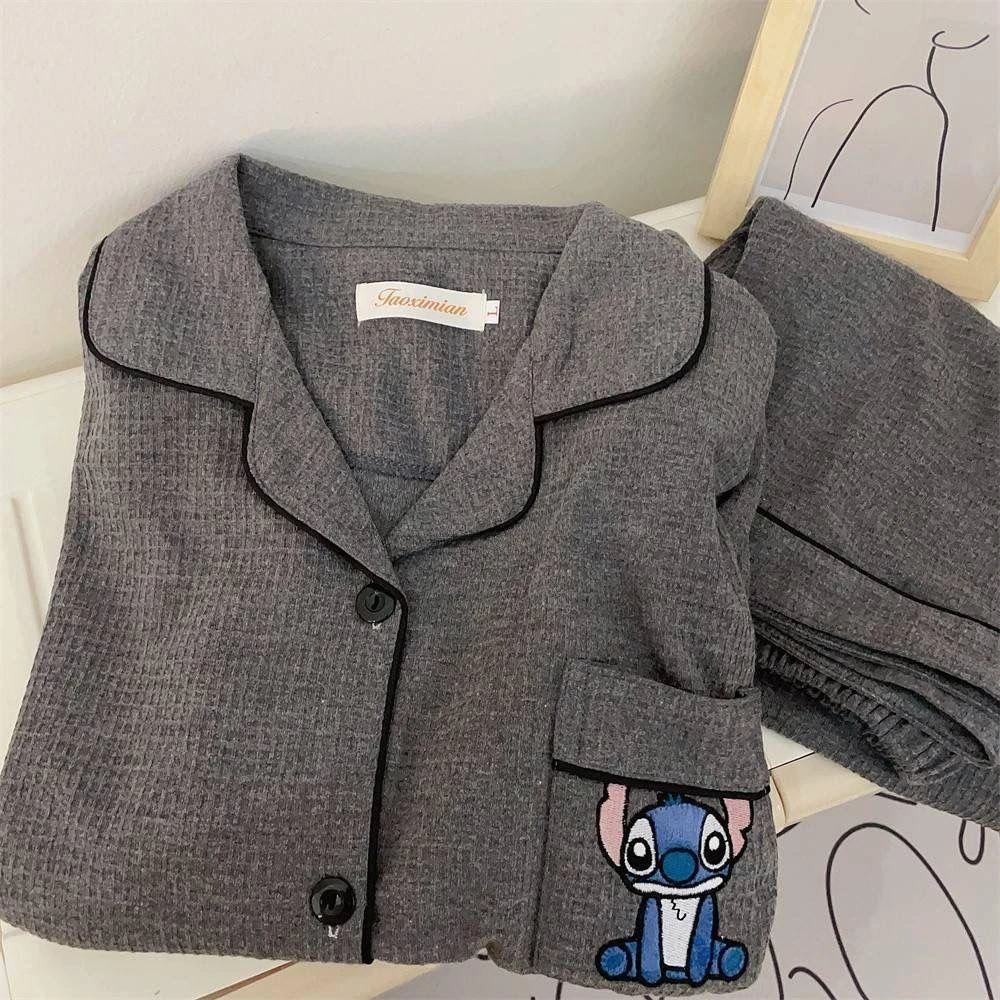 可爱卡通史迪仔纯棉睡衣女春秋季新款高级感长袖家居服套装可外穿