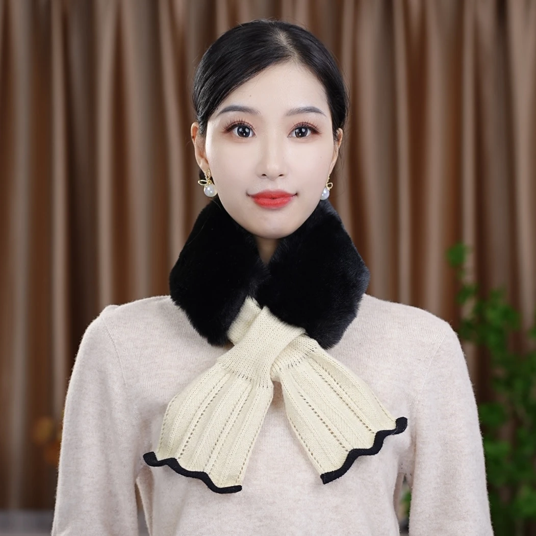 毛毛围脖女秋冬季百搭韩版加厚保暖针织网红毛绒交叉时尚围巾