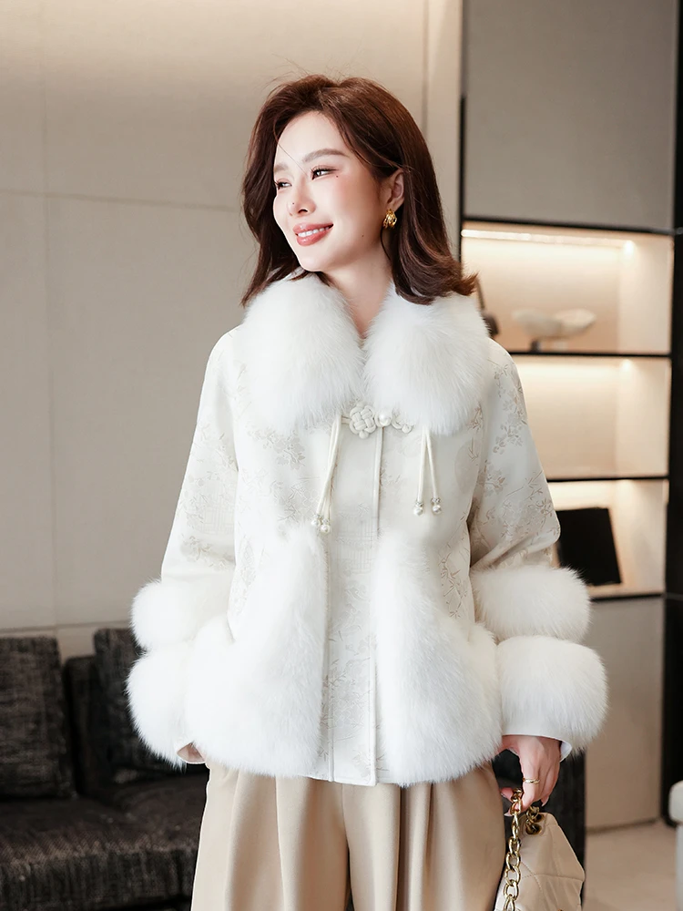 2024新款拼接外套中长款冬季时尚韩版中国风棉服仿狐狸毛皮毛女装