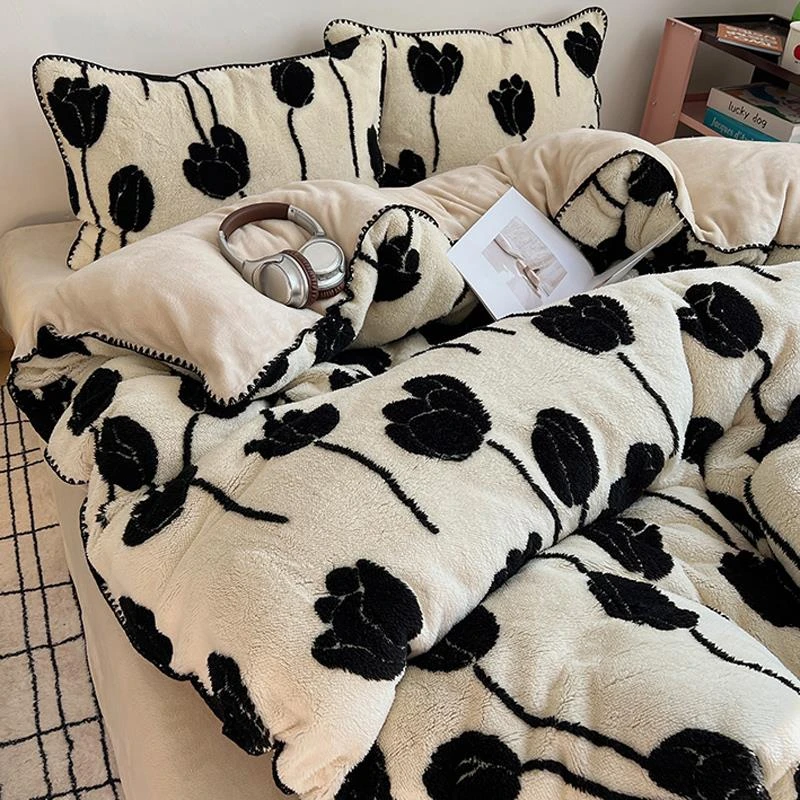 A类提花牛奶绒床上四件套冬季加厚婴儿珊瑚绒郁金香被套床单床品4