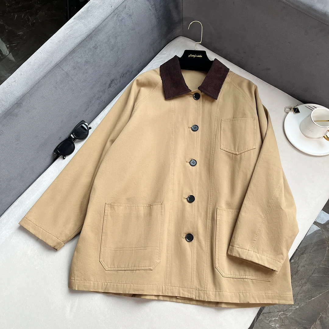 【落日余晖】灯芯绒翻领撞色风衣女新款中长款外套-24714