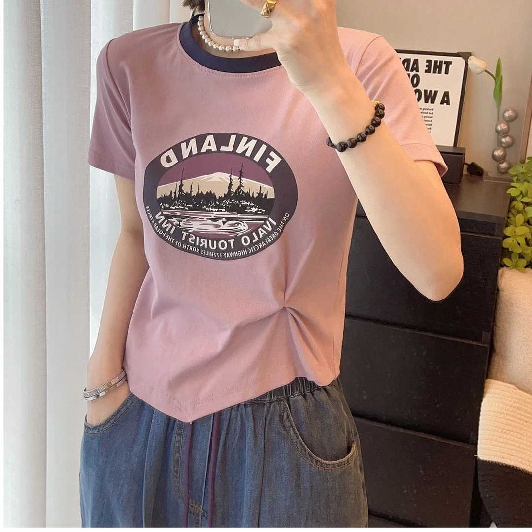 韩版印花复古短袖T恤女撞色圆领小众休闲百搭上衣修身显瘦半袖ins