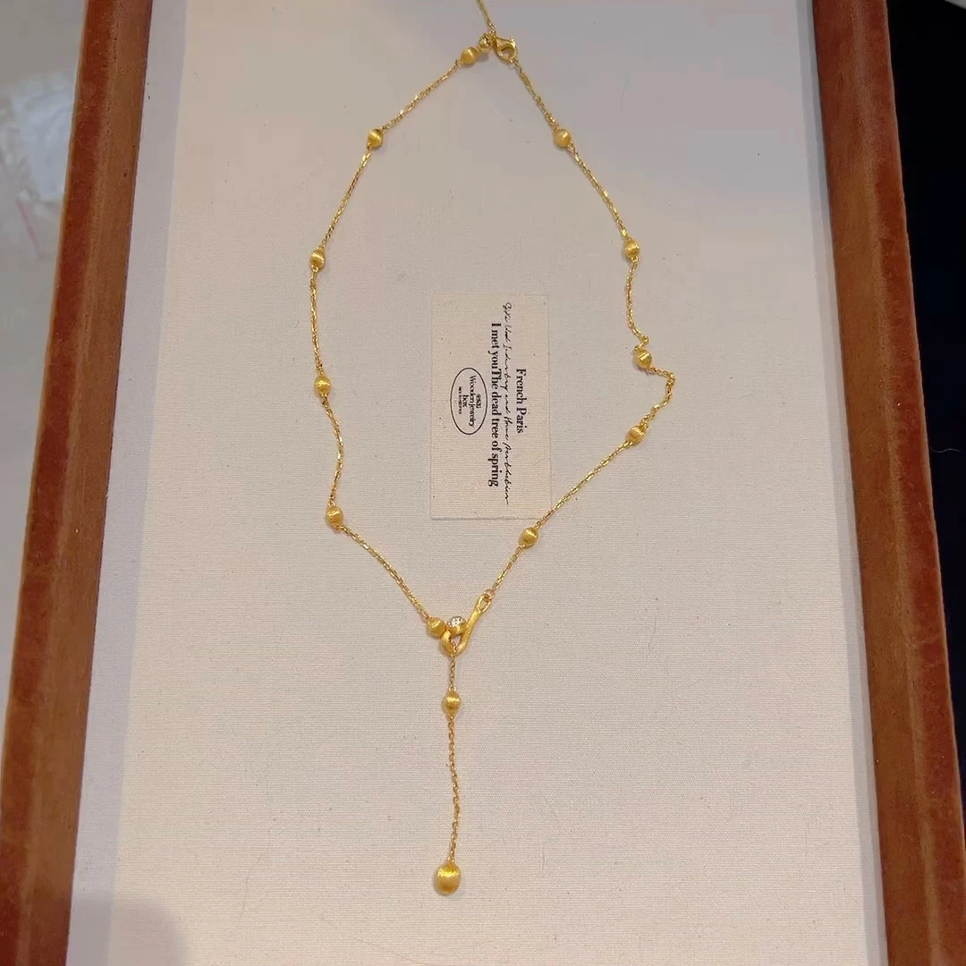 坠链均925银 拉丝复古重工小金球Y字项链·银项链