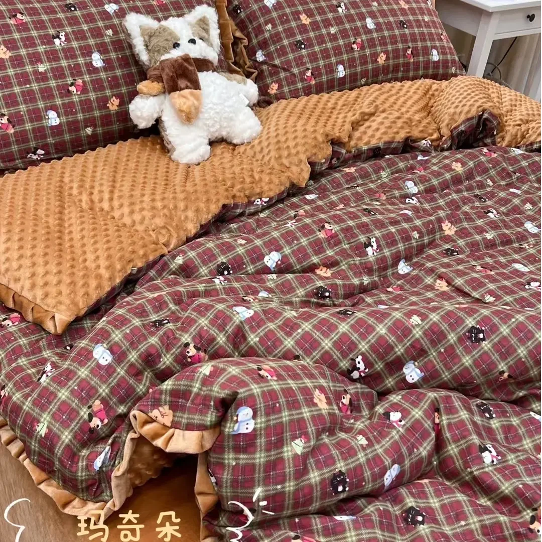 秋冬新品-保暖加厚四件套床上用品套件正面棉反面豆豆绒