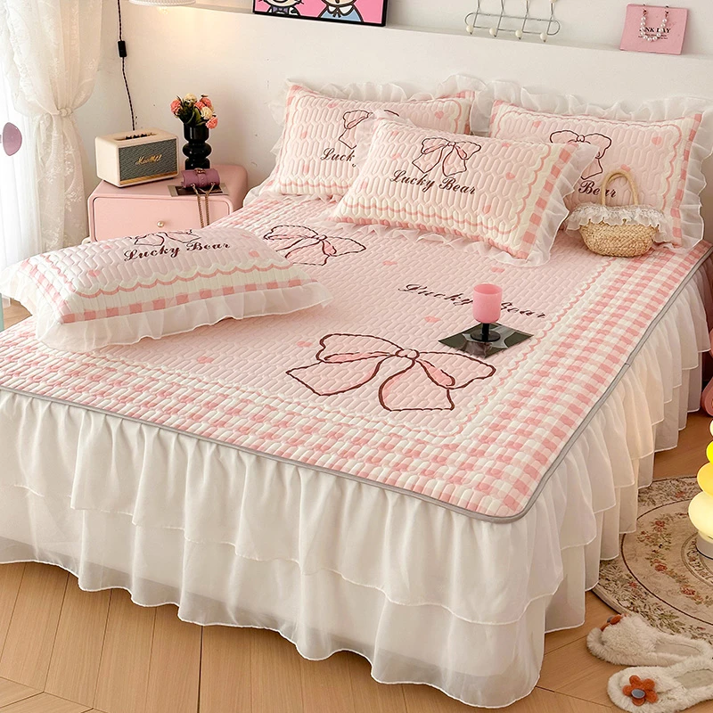 夏季双层床裙款冰丝乳胶凉席三件套公主风空调被床垫席子可机水洗