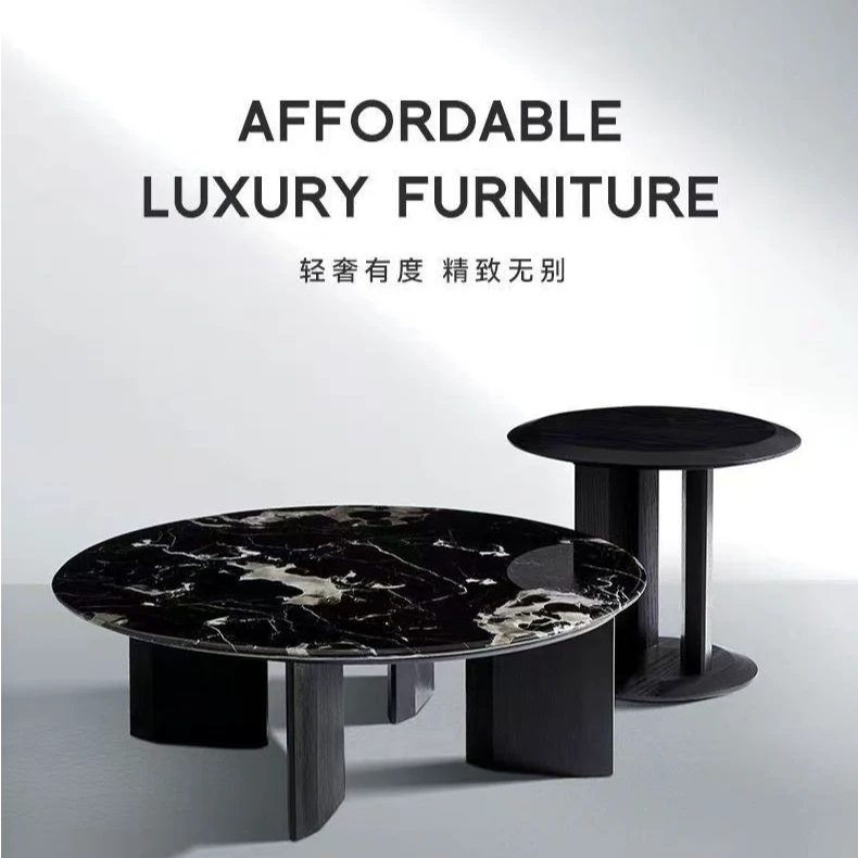 意式极简大理石茶几设计师款艺术高级感大小圆形茶几组合客厅家用