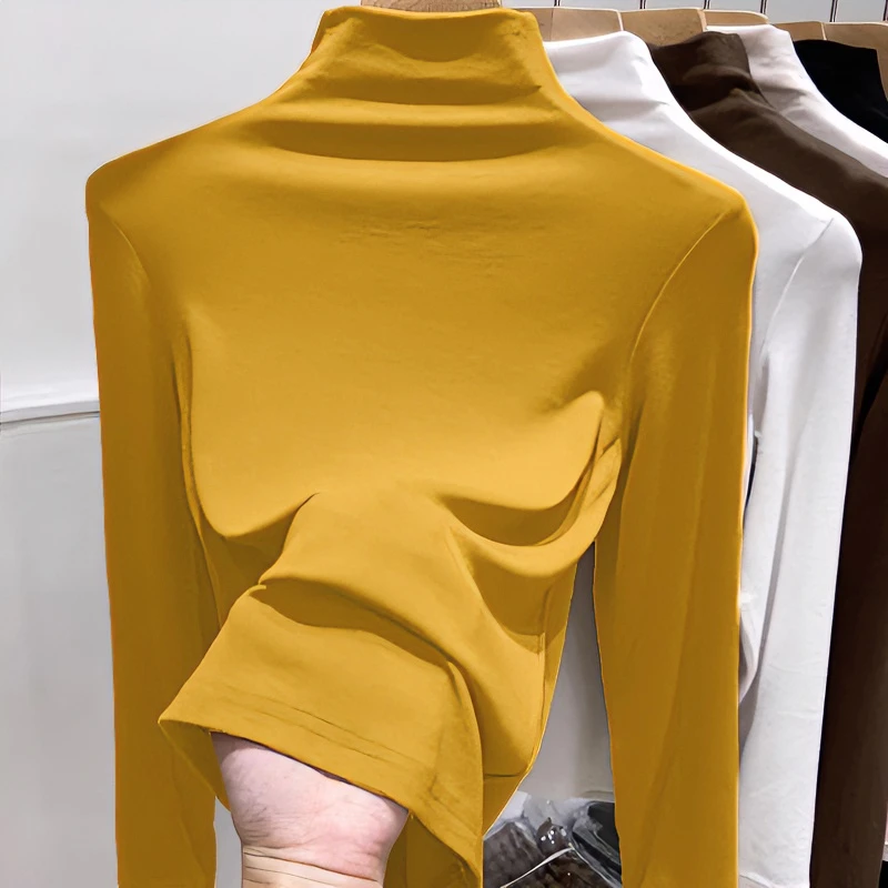双面德绒半高领女士打底衫内搭秋冬2024新款加绒加厚长袖t恤上衣