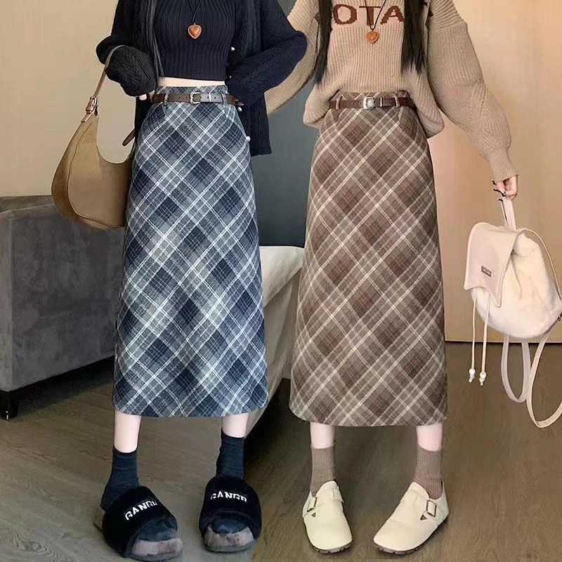 #9773~(送腰带)毛呢半身裙女中长款开叉氛围感格纹裙