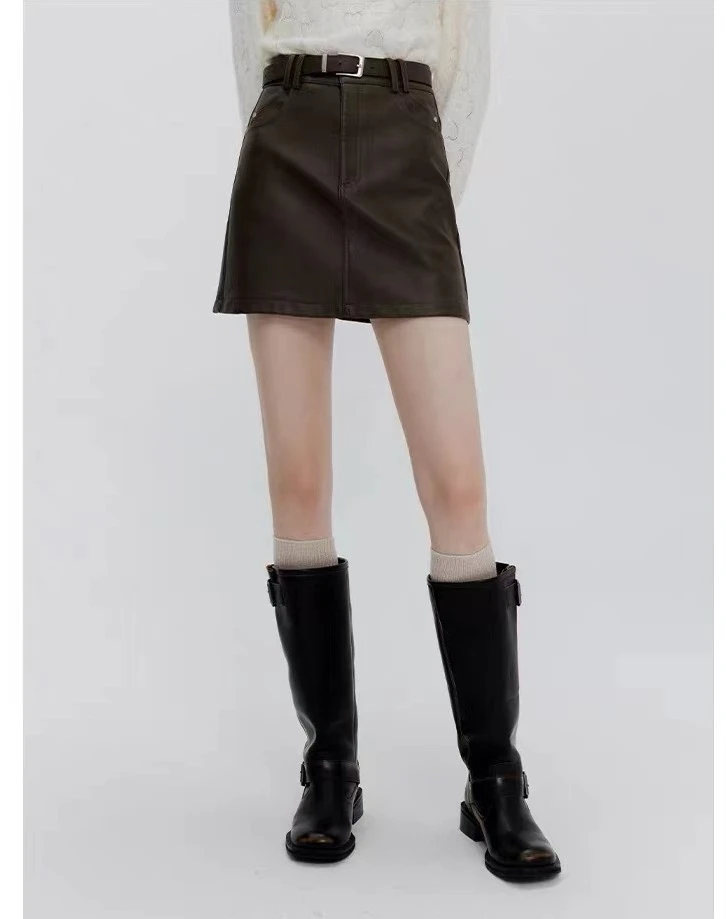 1110#美拉德咖色小皮裙半身裙女新款高腰a字pu裙辣妹显瘦包臀短裙