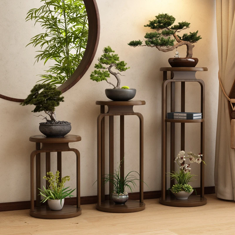 中式花台花架子客厅落地式实木圆形花台花瓶花盆架2025新款花托架