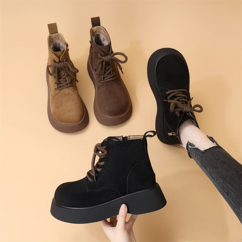 厚底绒面马丁靴女2025秋冬新款小个子增高勃肯鞋舒适英伦风短靴