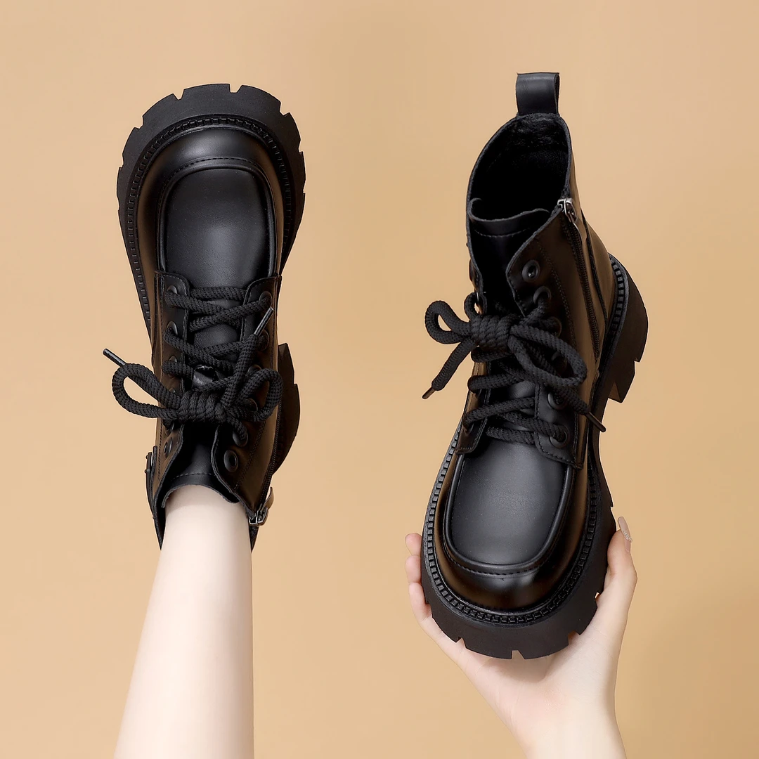 厚底增高马丁靴女2024秋冬新款英伦风短靴子复古百搭时尚短靴圆头