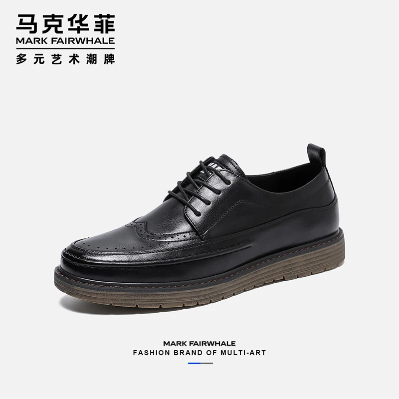 马克华菲商务休闲皮鞋男士系带黑色百搭增高厚底秋季春季休闲鞋
