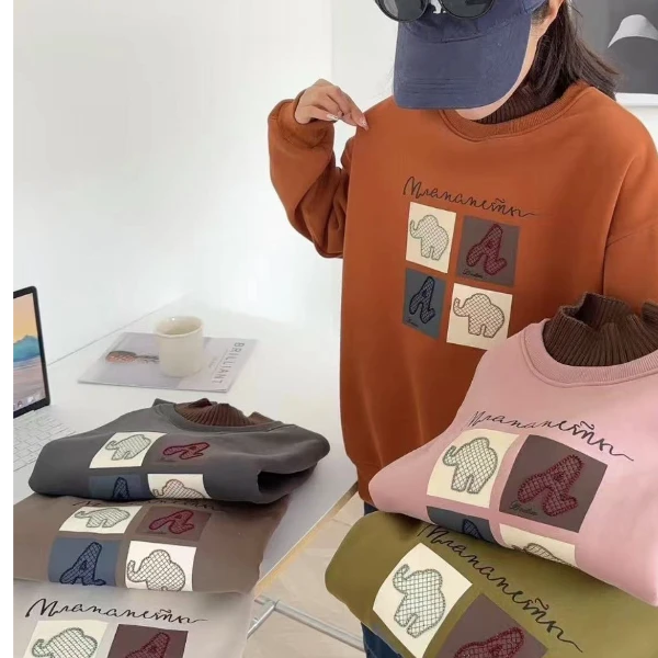 87 四宫格A＋大象拱桥绣 半高领 假两件 冬款 奥粒绒 加绒卫衣