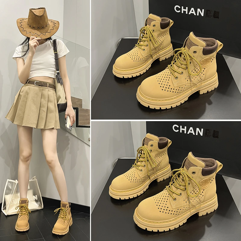 内增高7cm透网马丁靴女x百搭春秋踢不烂网面大黄靴厚底系带女短靴