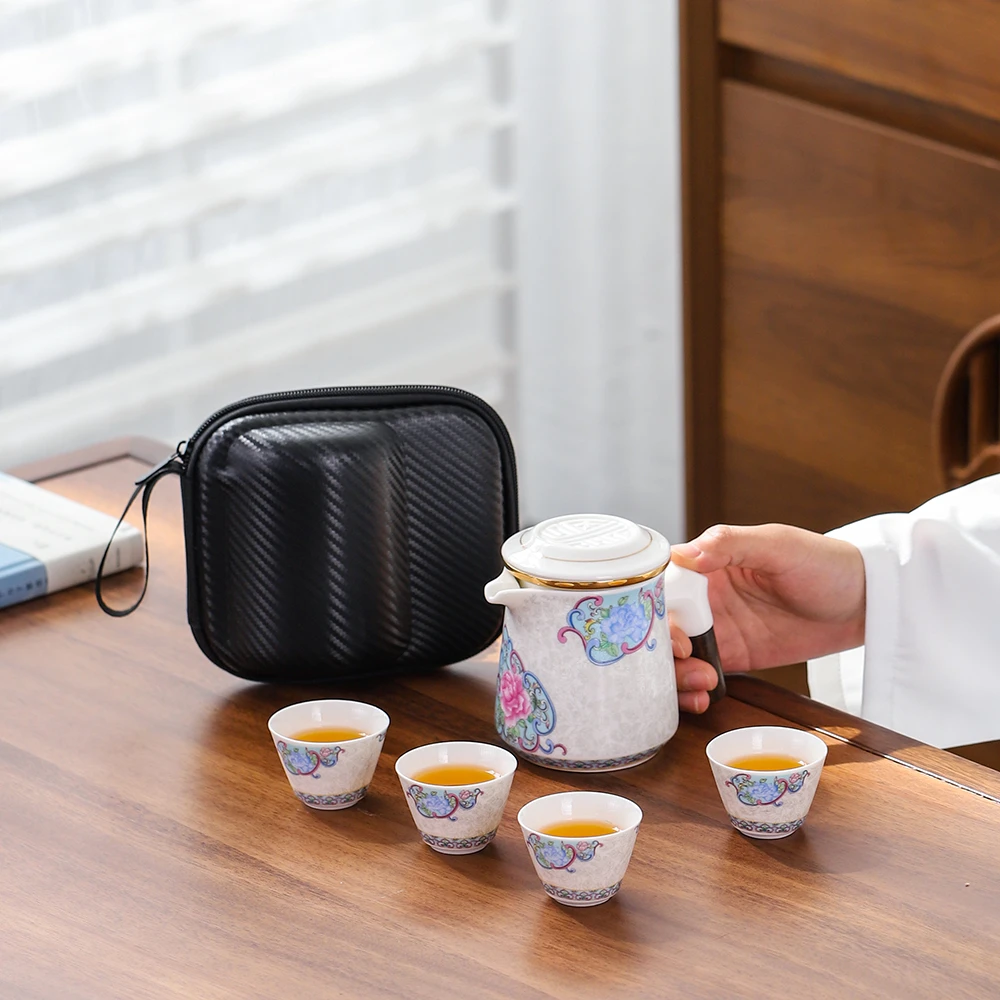 陶瓷旅行茶具掐丝珐琅彩现代工艺一壶四杯快客杯户外图案夏日旅行