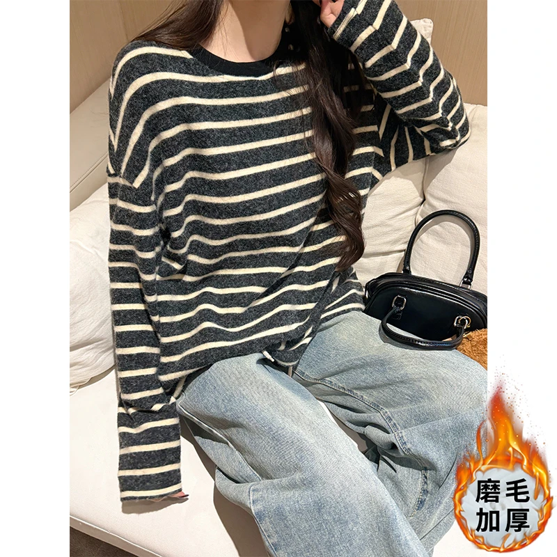 【九九】奶盐奥利奥慵懒风打底衫秋冬加厚磨毛条纹时尚百搭简约上衣