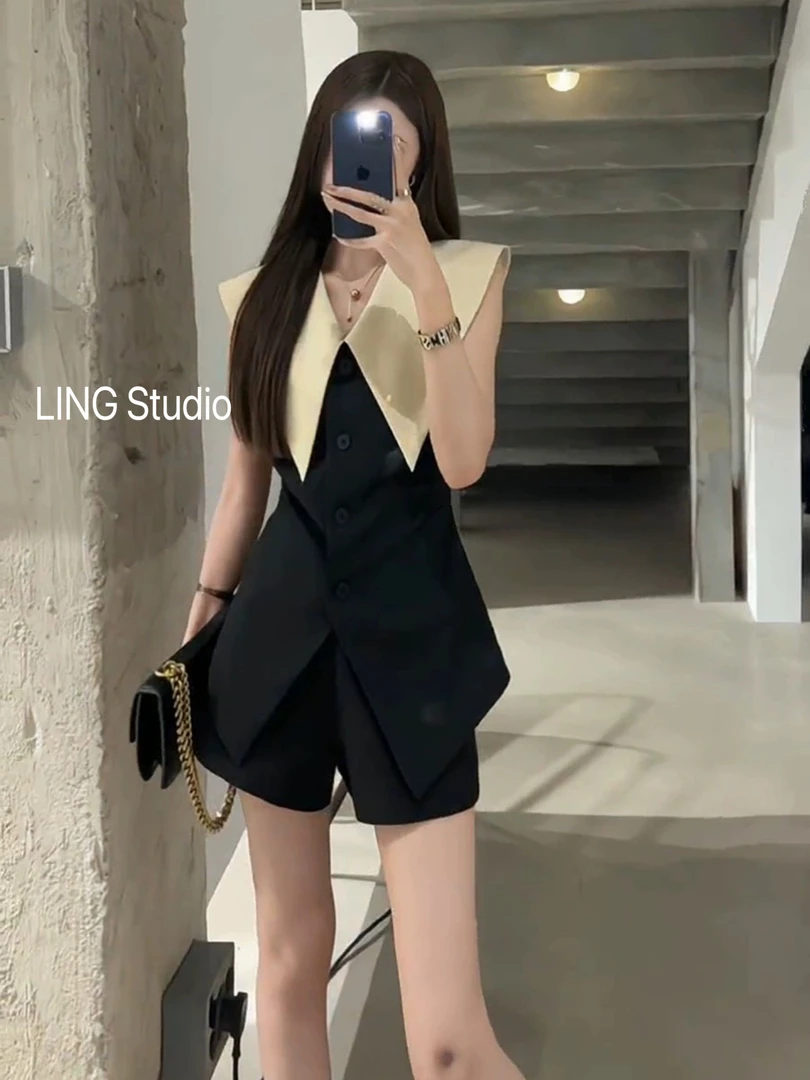 2024法式纯欲风御姐时尚马甲套装女2024夏季海军领两件套