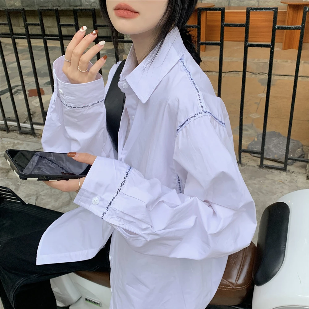 宽松大码oversize白色衬衫女春季设计感小众慵懒风中长款长袖衬衣