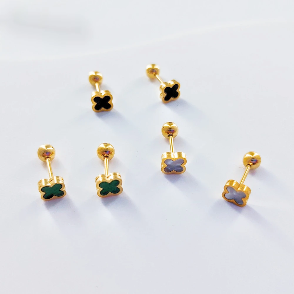 钛钢耳饰 睡觉不摘小巧精致钛钢黑色四叶草耳钉复古气质法式耳环