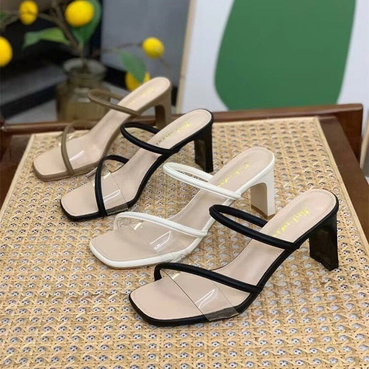 透明凉拖鞋女夏外穿2024新款方头6CM高跟拖鞋时尚粗跟一字拖露趾