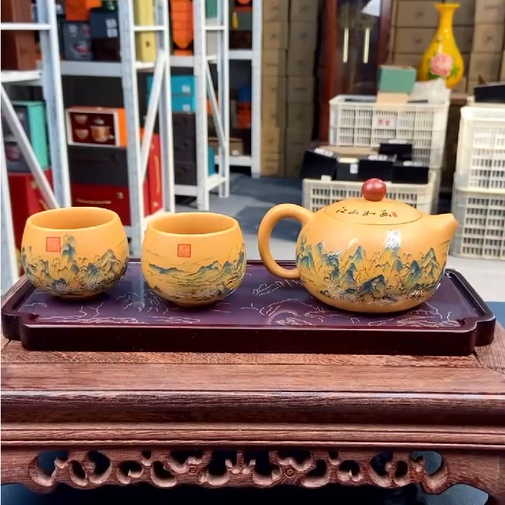 【闪购商品】紫砂江山如画一壶两杯（带礼盒）+变色江山茶盘@@ZH2102