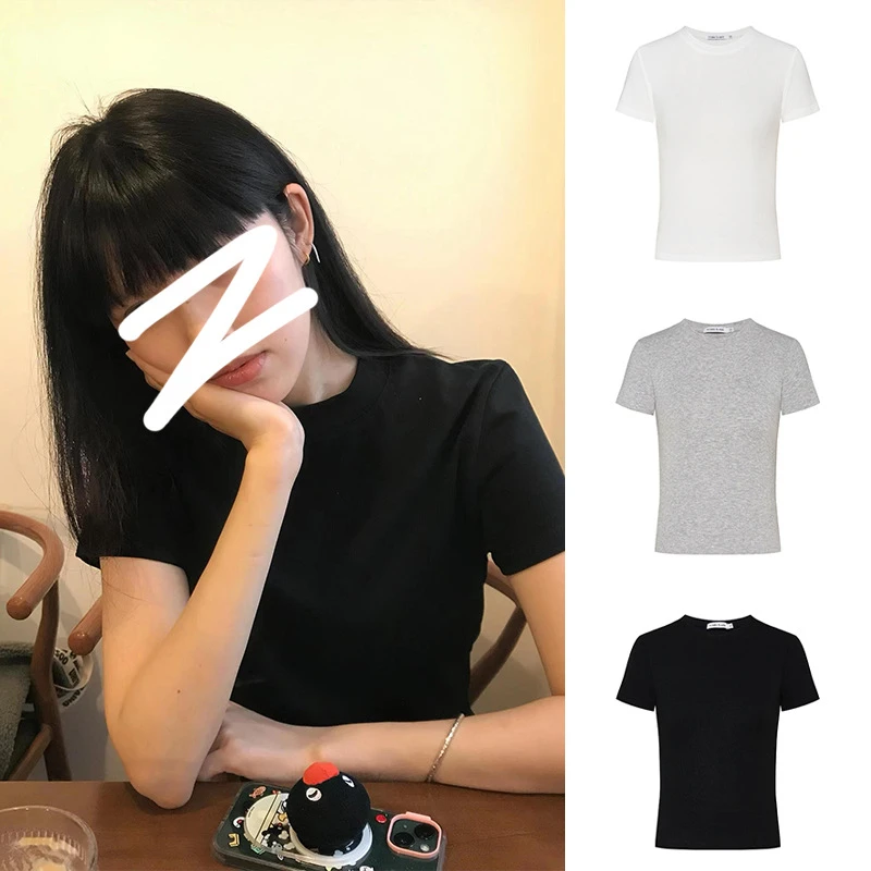 黑色掐腰正肩t恤内搭短袖女装夏季修身辣妹短款上衣显瘦百搭半袖