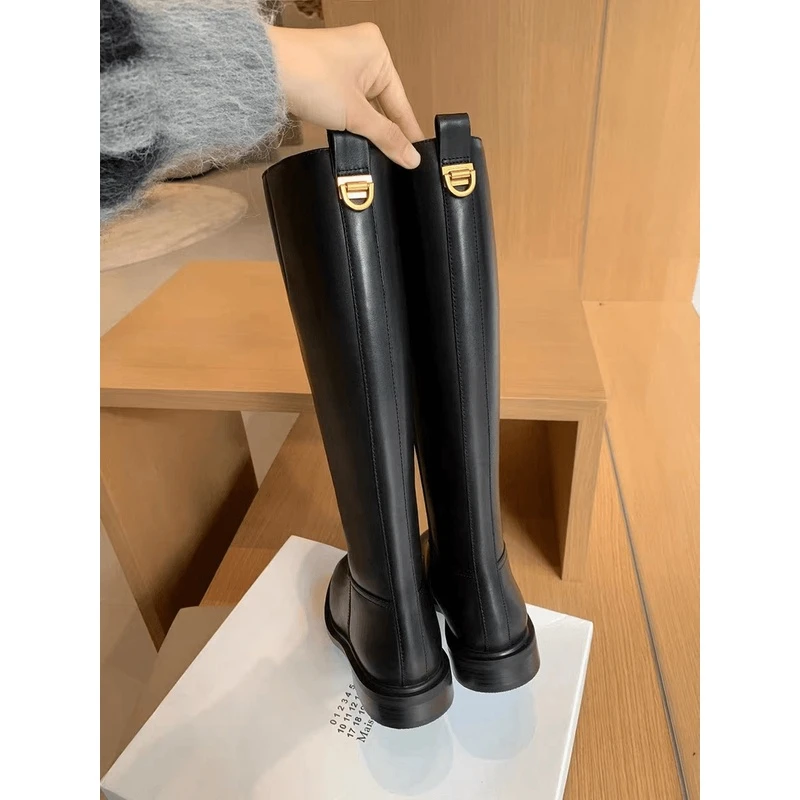 万达撤柜头层牛皮长筒靴秋冬2024新款百搭圆头高筒靴小个子骑士靴