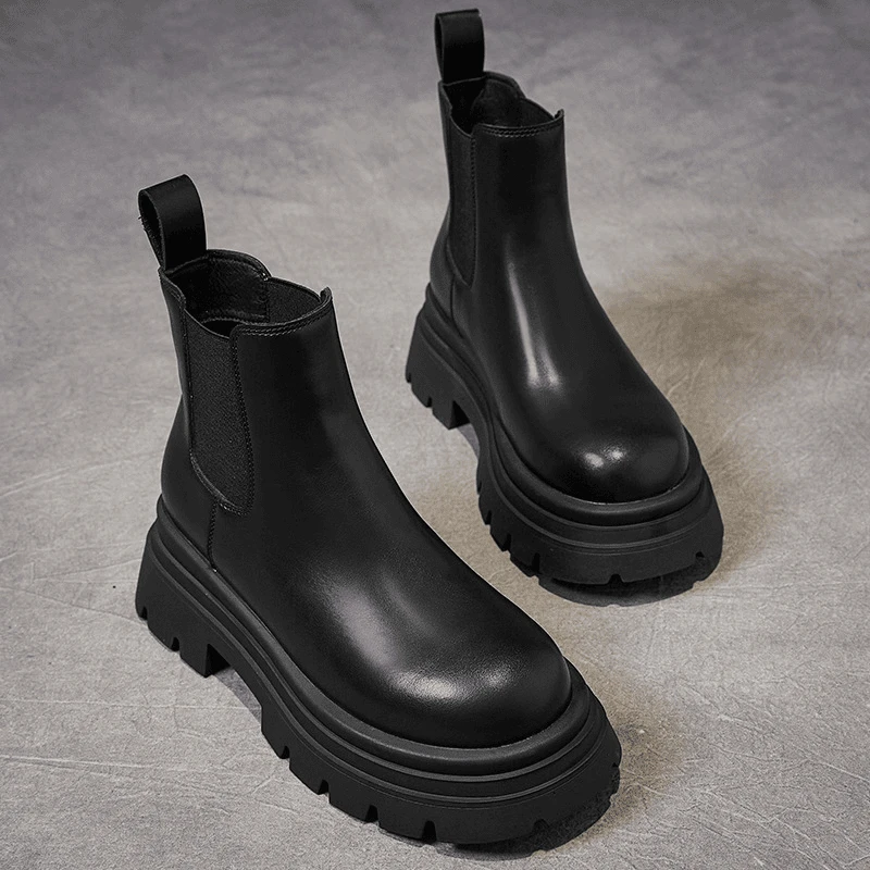 万达撤柜头层牛皮女款时尚切尔西靴加绒2025秋冬瘦瘦靴粗跟马丁靴