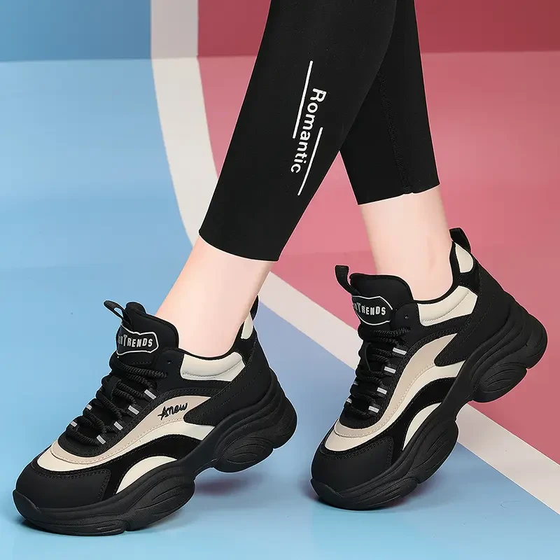 万达撤柜头层牛皮高档5.5CM女士运动休闲鞋2024春秋季老爹鞋女鞋i