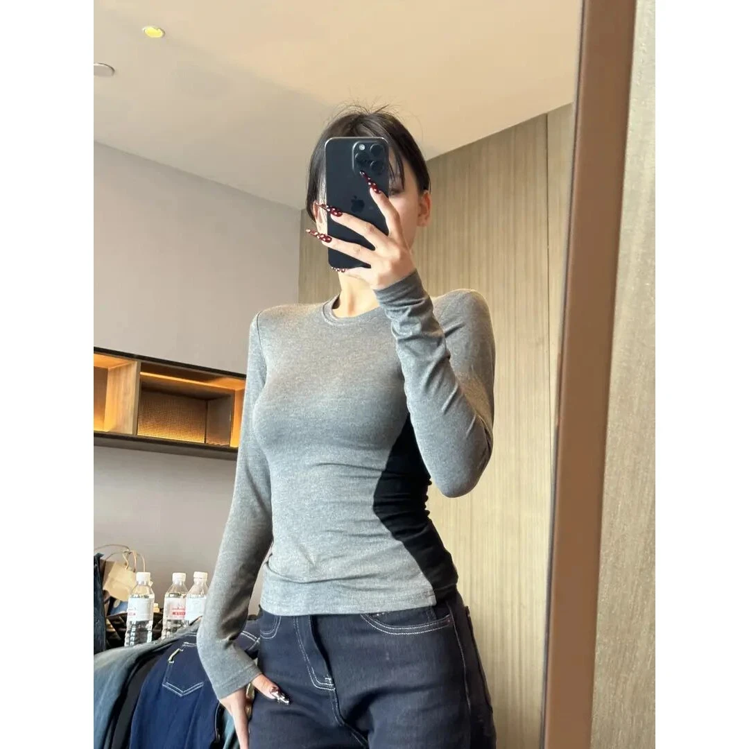 设计感沙漏腰拼色修容长袖打底衫秋冬辣妹修身显瘦内搭T恤上衣女